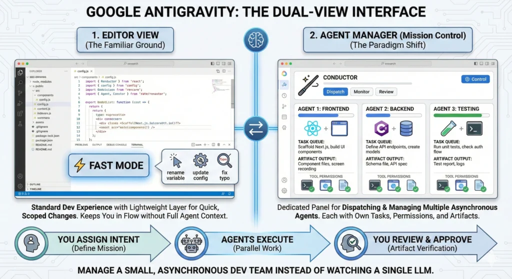 Unleash Google Antigravity: The Ultimate Agentic IDE for Devs 1 The Dual-View Interface Antigravity Infographic