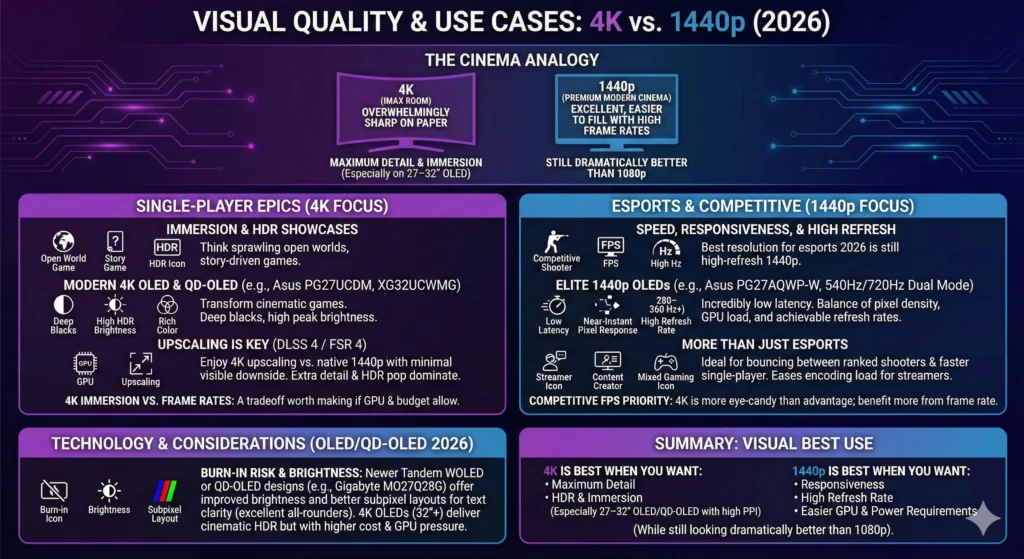 Master 1440p vs 4K Gaming in 2026 3 Visual Quality & Use Cases Infographic
