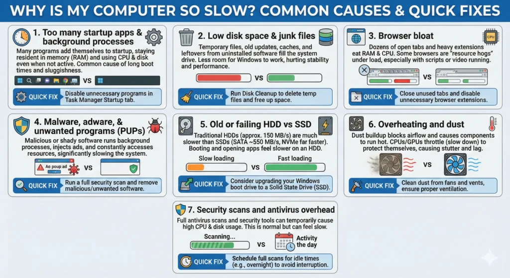 Why Is My Computer So Slow Common Causes & Quick Fixes Infographic