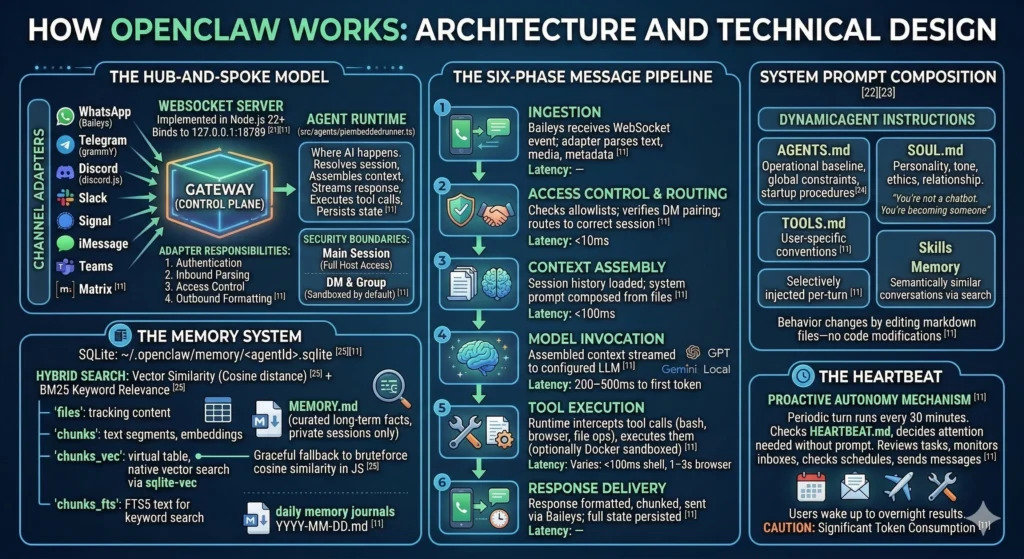 How OpenClaw Works Architecture and Technical Design Infographic