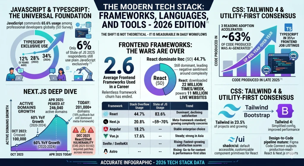 The Modern Tech Stack Frameworks, Languages, and Tools Infographic