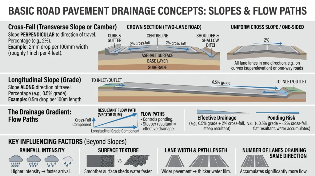 Proven Slopes for Reliable Asphalt Pavement Drainage 2 Basic Concepts Cross-Fall, Longitudinal Slope, and Flow Paths Infographic