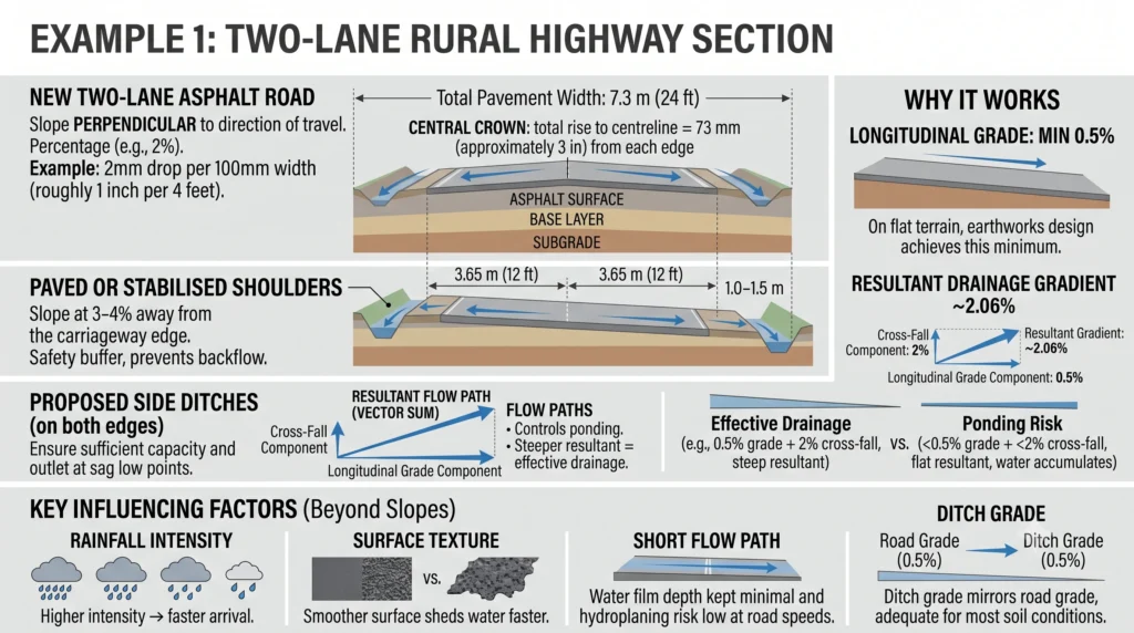 Proven Slopes for Reliable Asphalt Pavement Drainage 3 Example 1 Two-Lane Rural Highway Section Infographic