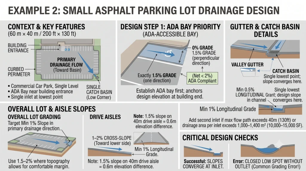 Proven Slopes for Reliable Asphalt Pavement Drainage 4 Example 2 Small Asphalt Parking Lot Infographic