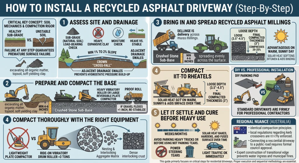 Smart, Affordable Recycled Asphalt Driveway Guide 3 How to Install a Recycled Asphalt Driveway (Step‑By‑Step) Infographic