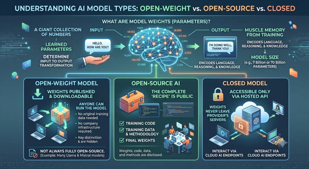 Model weights, open-weight vs open-source vs closed Infographic